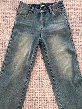 Blue washed high-waisted straight leg jeans fleeced W29 L31